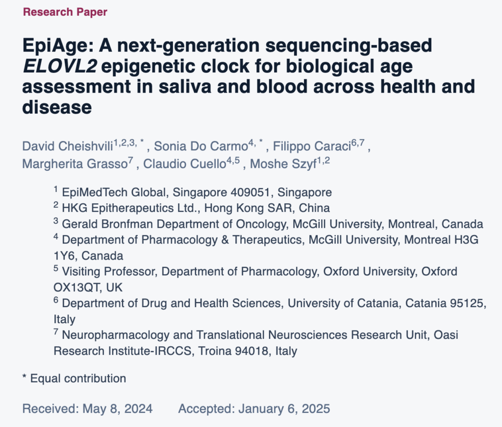 EpiAge study publication on ELOVL2 epigenetic clock for biological age assessment.